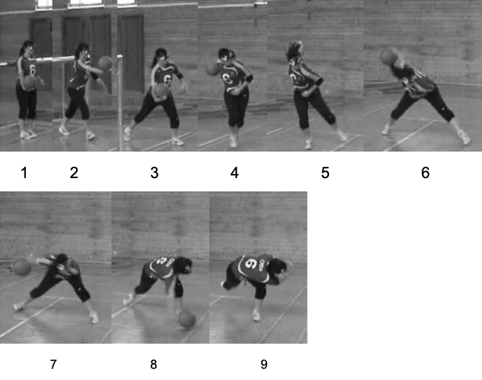 Sequenz von Aufnahmen: Person in Turnhalle beim Werfen und Dribbeln eines Balls.